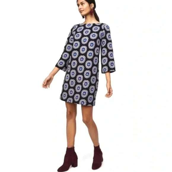 Ann Taylor LOFT A Line Dress Black Medallion 3/4 Sleeve Embroidered Mini Size M - Picture 1 of 15